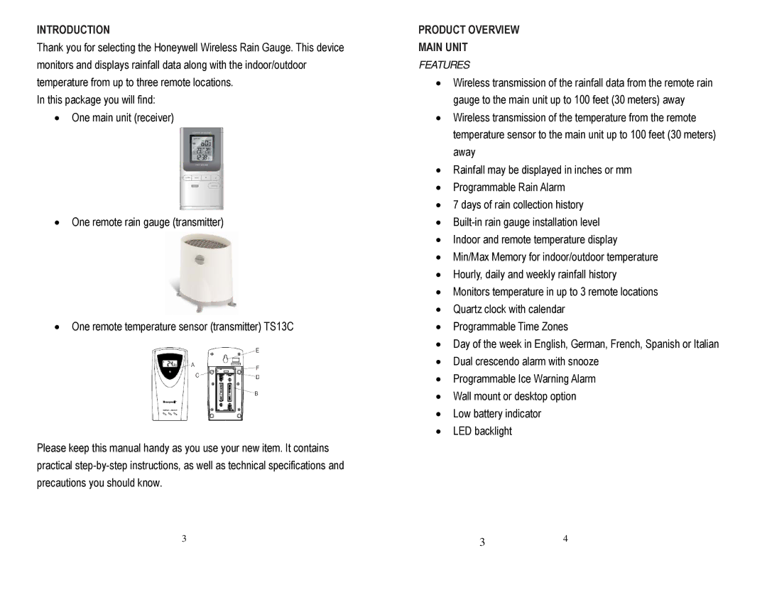 Honeywell TC150 user manual Introduction, Product Overview Main Unit, Features 