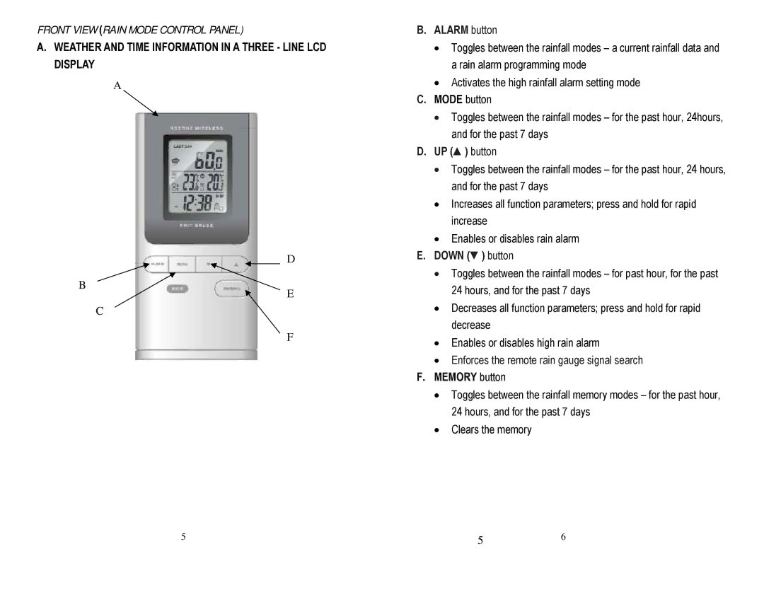 Honeywell TC150 user manual Front View Rain Mode Control Panel, Weather and Time Information in a Three Line LCD Display 