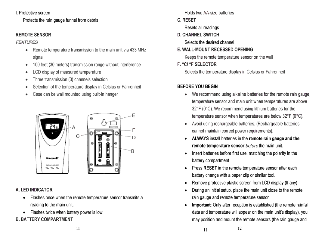 Honeywell TC150 user manual Remote Sensor, LED Indicator, Reset, Channel Switch, WALL-MOUNT Recessed Opening, F Selector 