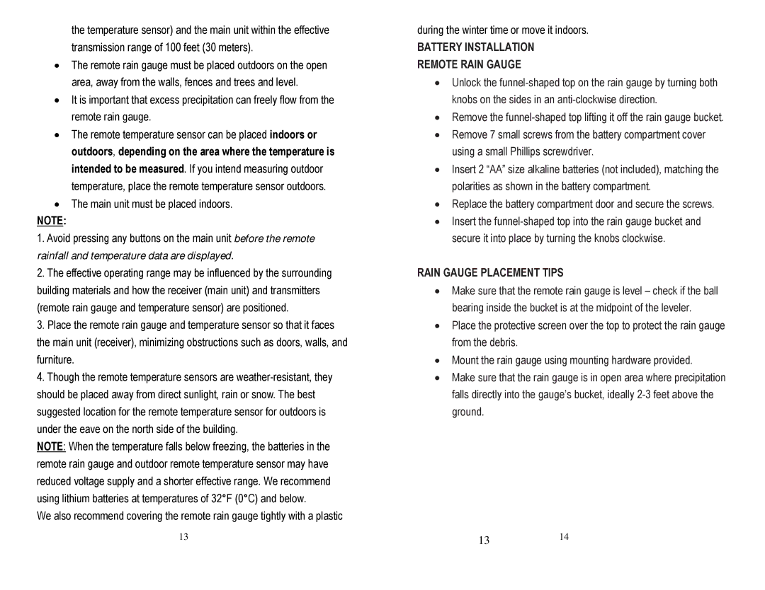 Honeywell TC150 user manual Battery Installation Remote Rain Gauge, Rain Gauge Placement Tips 