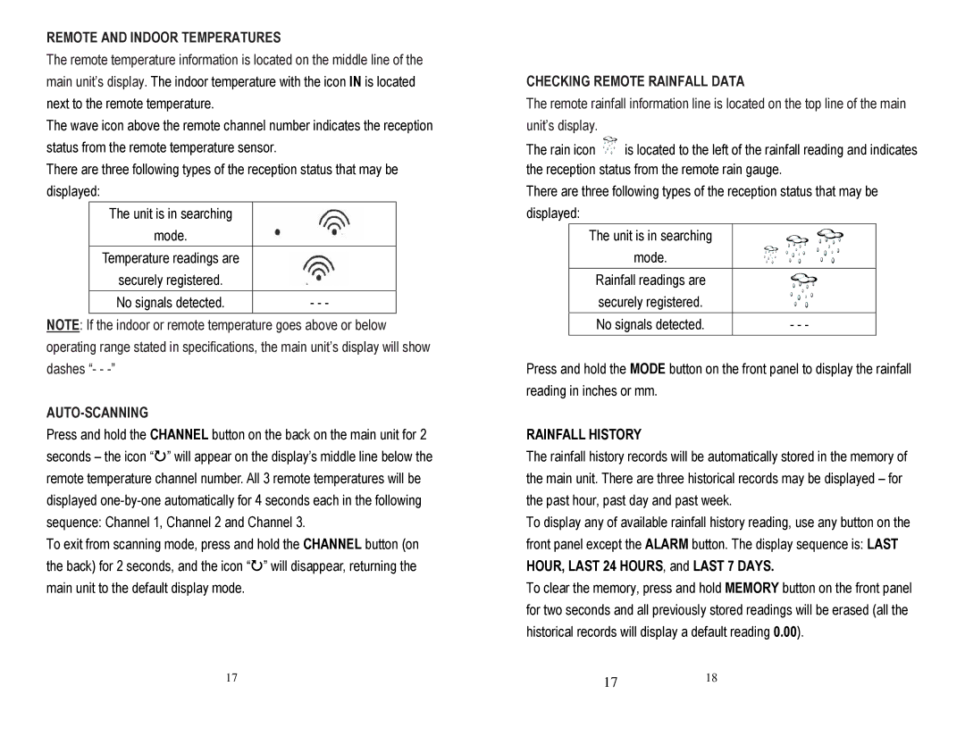 Honeywell TC150 user manual Remote and Indoor Temperatures, Auto-Scanning, Checking Remote Rainfall Data, Rainfall History 