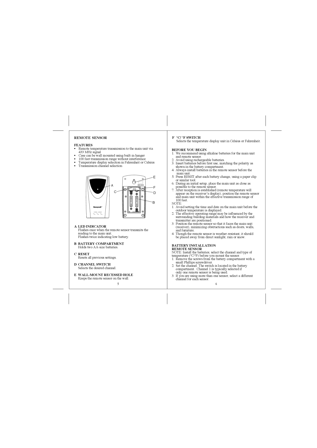 Honeywell TE211W user manual Remote Sensor Features, LED Indicator, Reset, F Switch, Before YOU Begin 