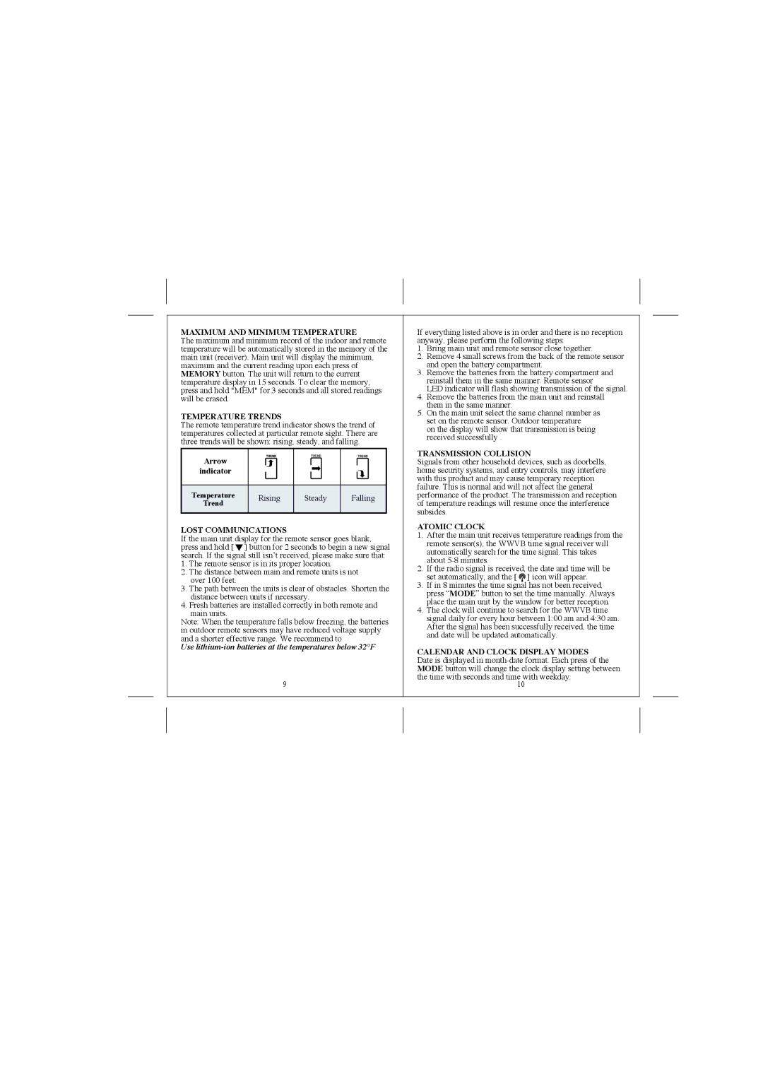 Honeywell TE211W Maximum and Minimum Temperature, Temperature Trends, Lost Communications, Transmission Collision 