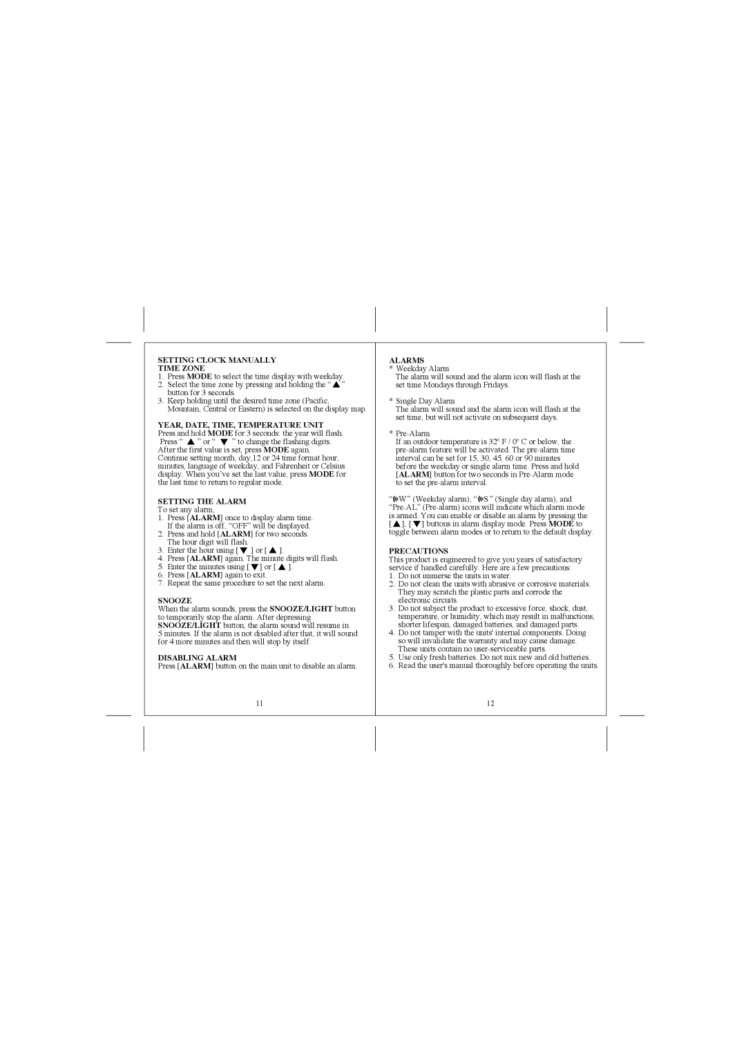 Honeywell TE211W Setting Clock Manually Time Zone, Setting the Alarm, Snooze, Disabling Alarm, Alarms, Precautions 