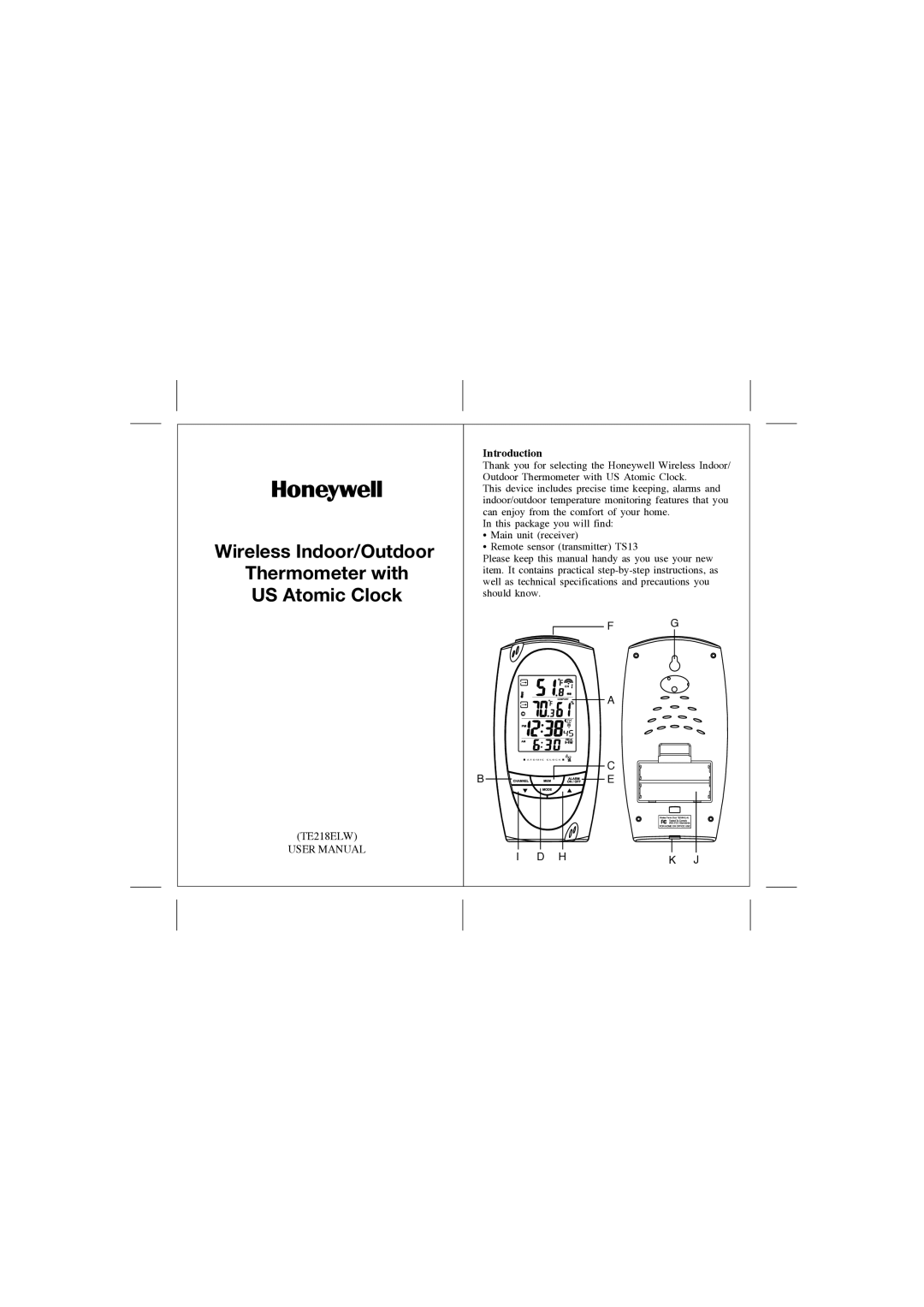 Honeywell TE218ELW manual Wireless Indoor/Outdoor Thermometer with US Atomic Clock, Introduction 