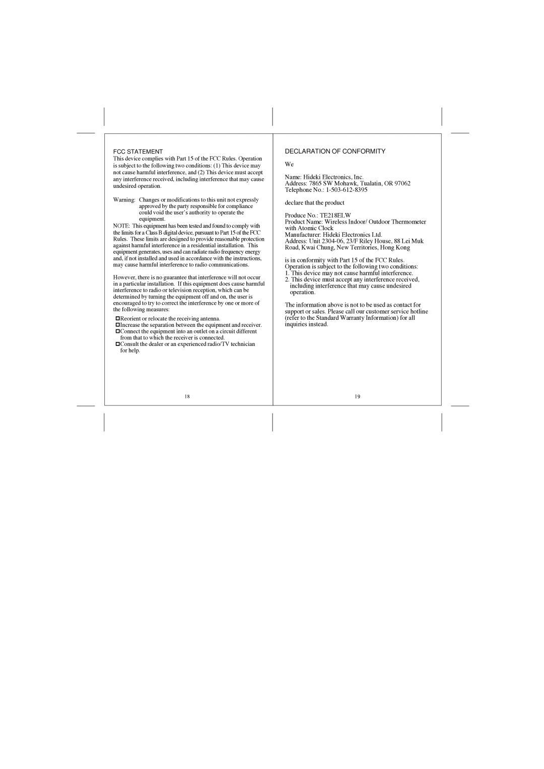 Honeywell TE218ELW manual FCC Statement, Declaration of Conformity 