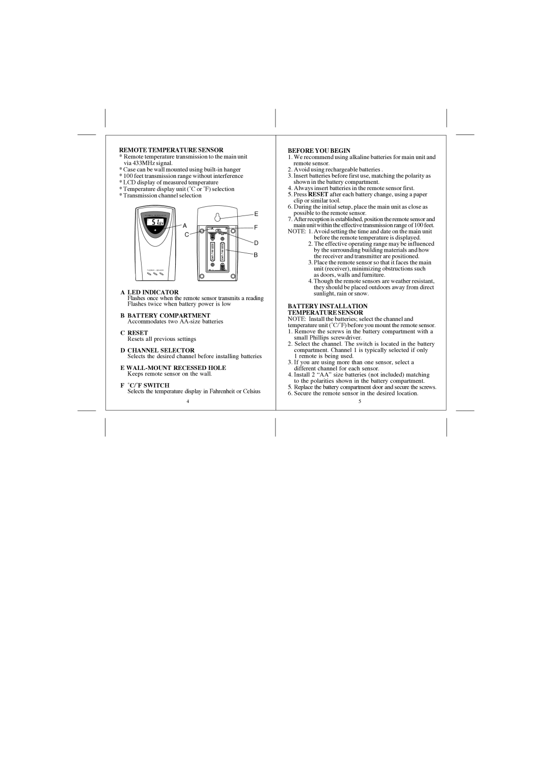 Honeywell TE218ELW Remote Temperature Sensor, Before YOU Begin, LED Indicator, Battery Compartment, Reset, ˚C/˚F Switch 