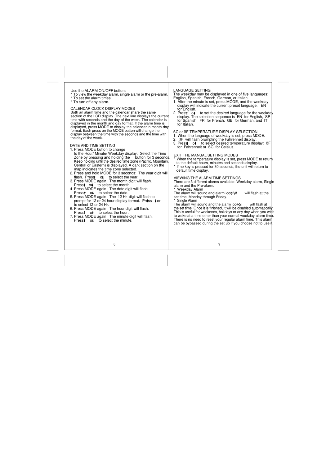 Honeywell TE218ELW manual Date and Time Setting, Language Setting, Exit the Manual Setting Modes 