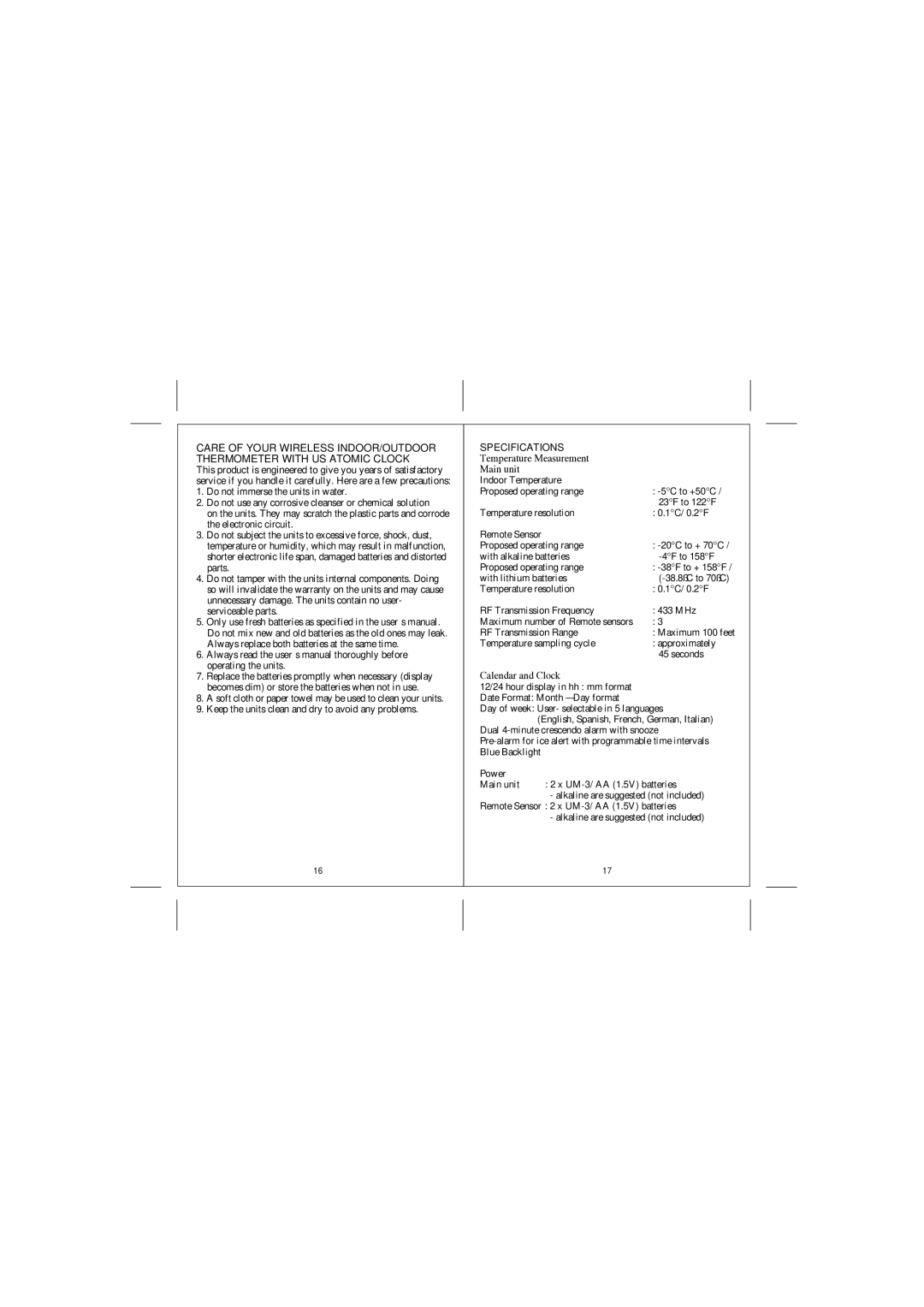 Honeywell TE218ELW manual Specifications 