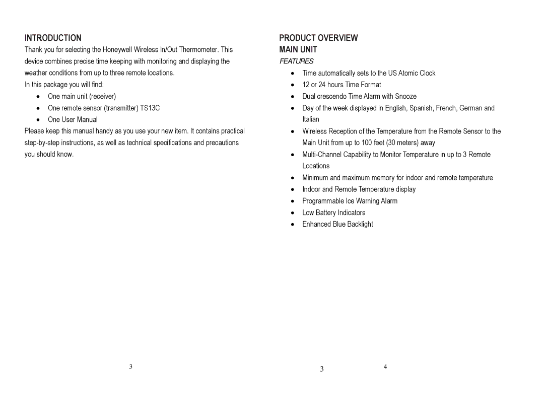 Honeywell TE219ELW user manual Introduction, Main Unit, Features 