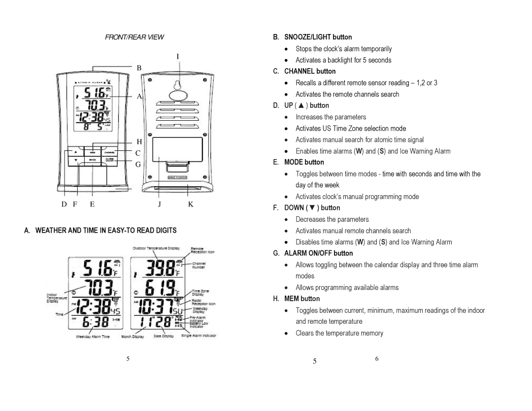 Honeywell TE219ELW user manual FRONT/REAR View, Weather and Time in EASY-TO Read Digits 