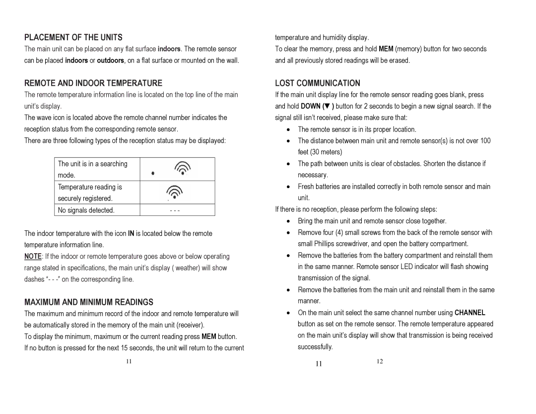 Honeywell TE219ELW Placement of the Units, Remote and Indoor Temperature, Maximum and Minimum Readings, Lost Communication 