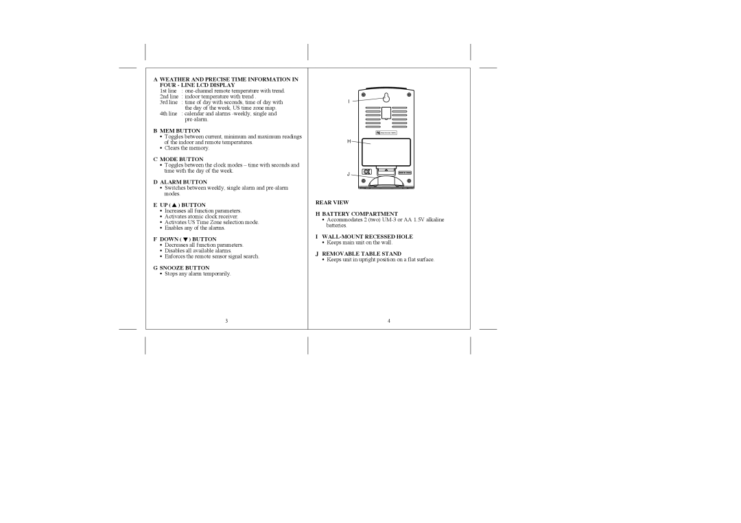 Honeywell TE22W MEM Button, Mode Button, Alarm Button, UP Button, Down Button, Snooze Button, WALL-MOUNT Recessed Hole 