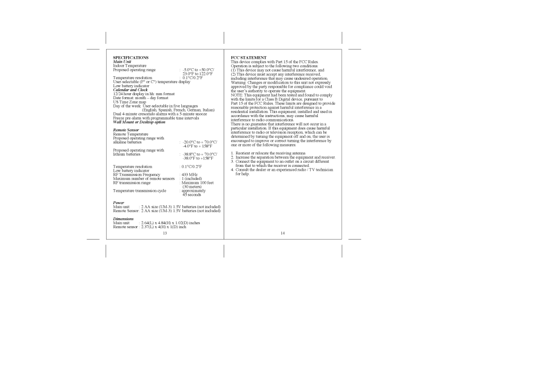 Honeywell TE22W user manual FCC Statement 