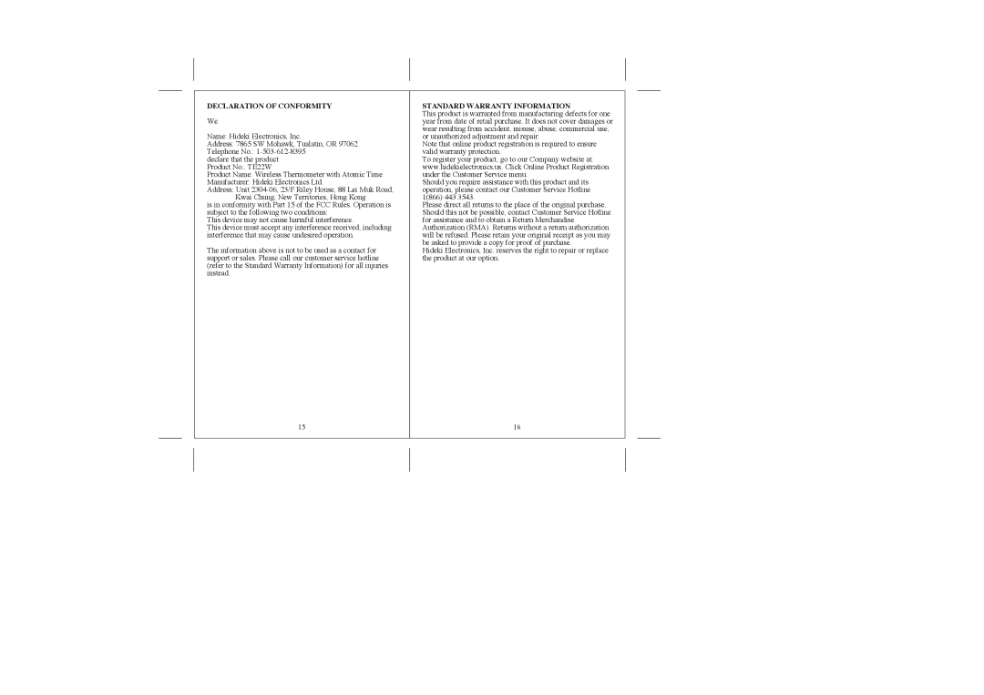 Honeywell TE22W user manual Declaration of Conformity, Standard Warranty Information 