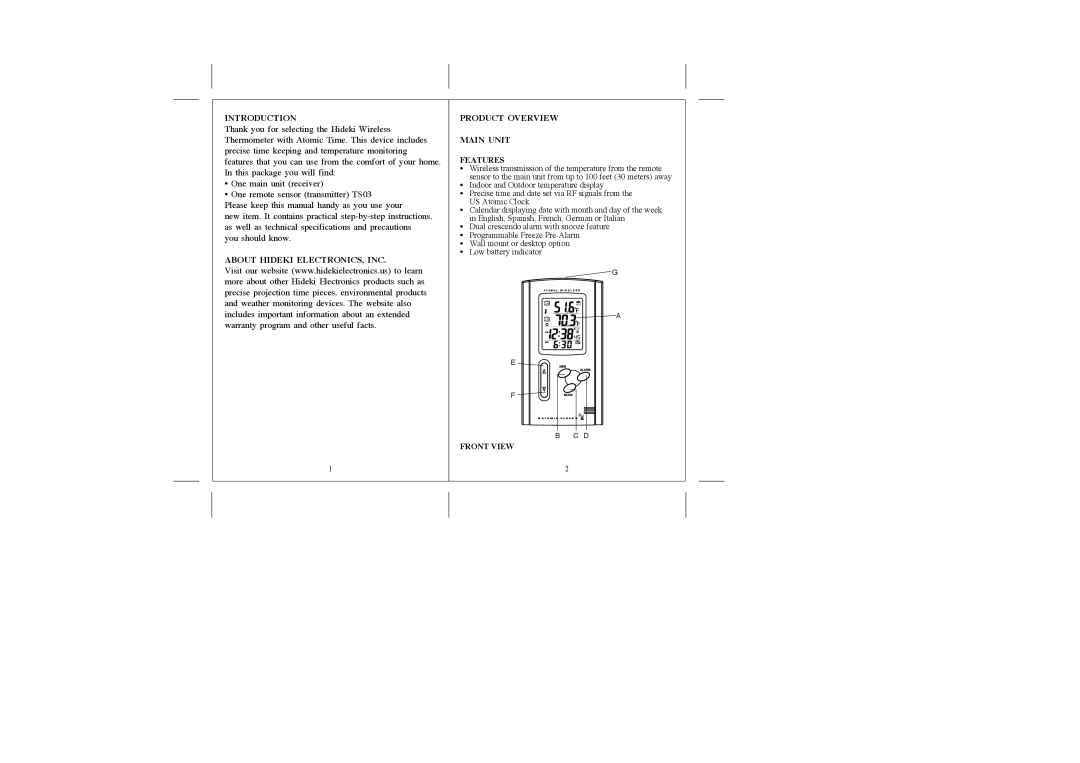 Honeywell TE22W user manual Introduction, About Hideki Electronics, Inc, Product Overview Main Unit Features, Front View 