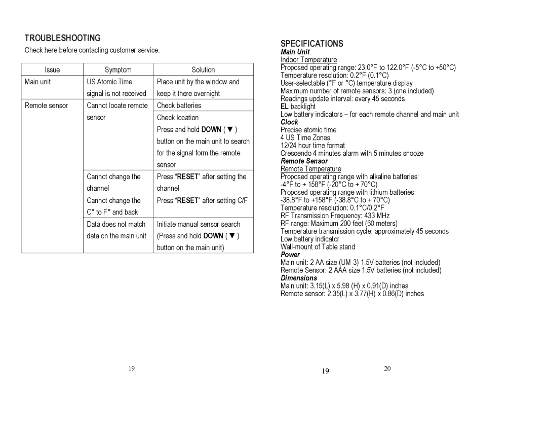 Honeywell TE242ELW user manual Troubleshooting, Specifications 