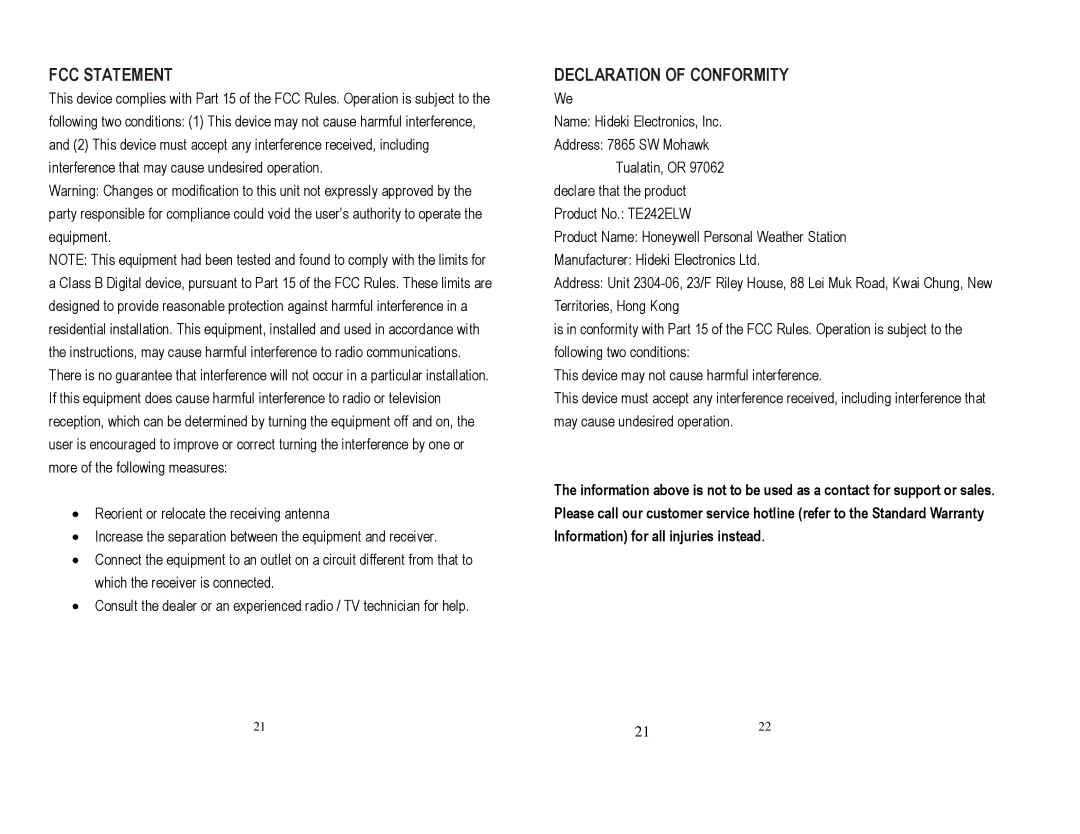 Honeywell TE242ELW user manual FCC Statement, Declaration of Conformity 