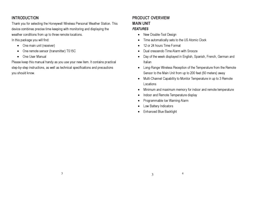 Honeywell TE242ELW user manual Introduction Product Overview, Main Unit 