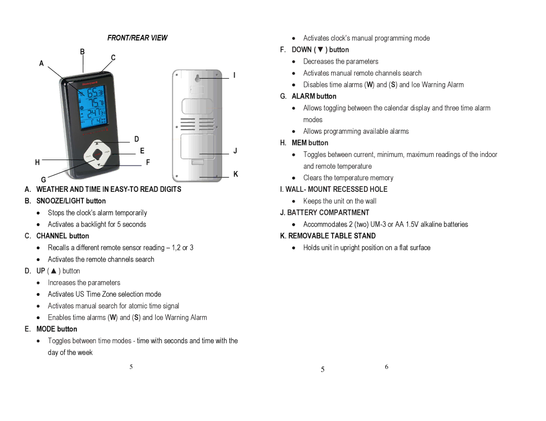 Honeywell TE242ELW user manual FRONT/REAR View, Down button 