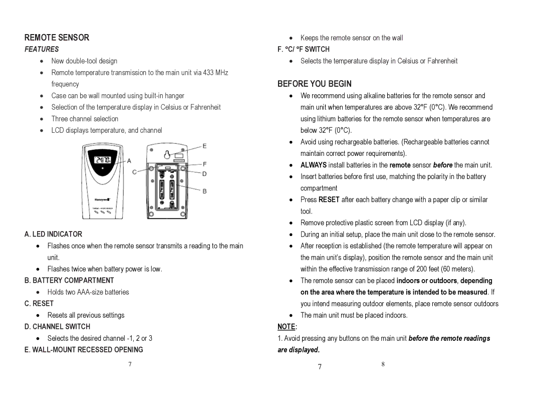 Honeywell TE242ELW user manual Remote Sensor, Before YOU Begin 