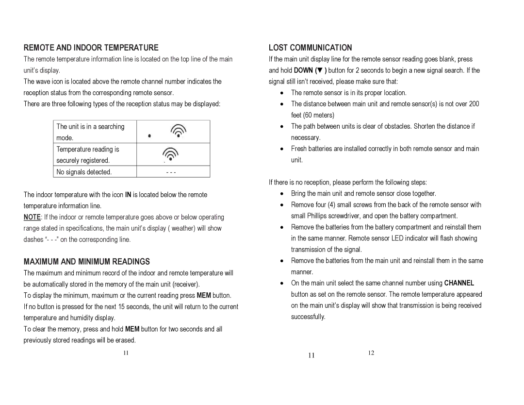 Honeywell TE242ELW user manual Remote and Indoor Temperature, Maximum and Minimum Readings, Lost Communication 