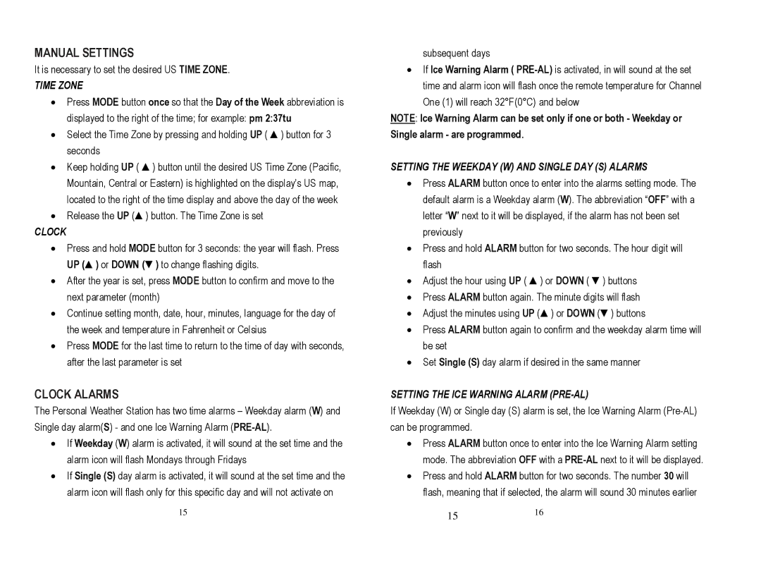 Honeywell TE242ELW user manual Manual Settings, Clock Alarms 