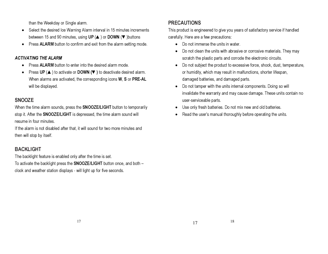 Honeywell TE242ELW user manual Snooze, Backlight, Precautions, Activating the Alarm 