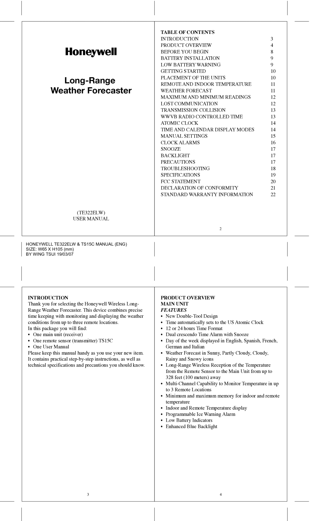 Honeywell TE322ELW user manual Table of Contents, Introduction Product Overview, Main Unit, Features 