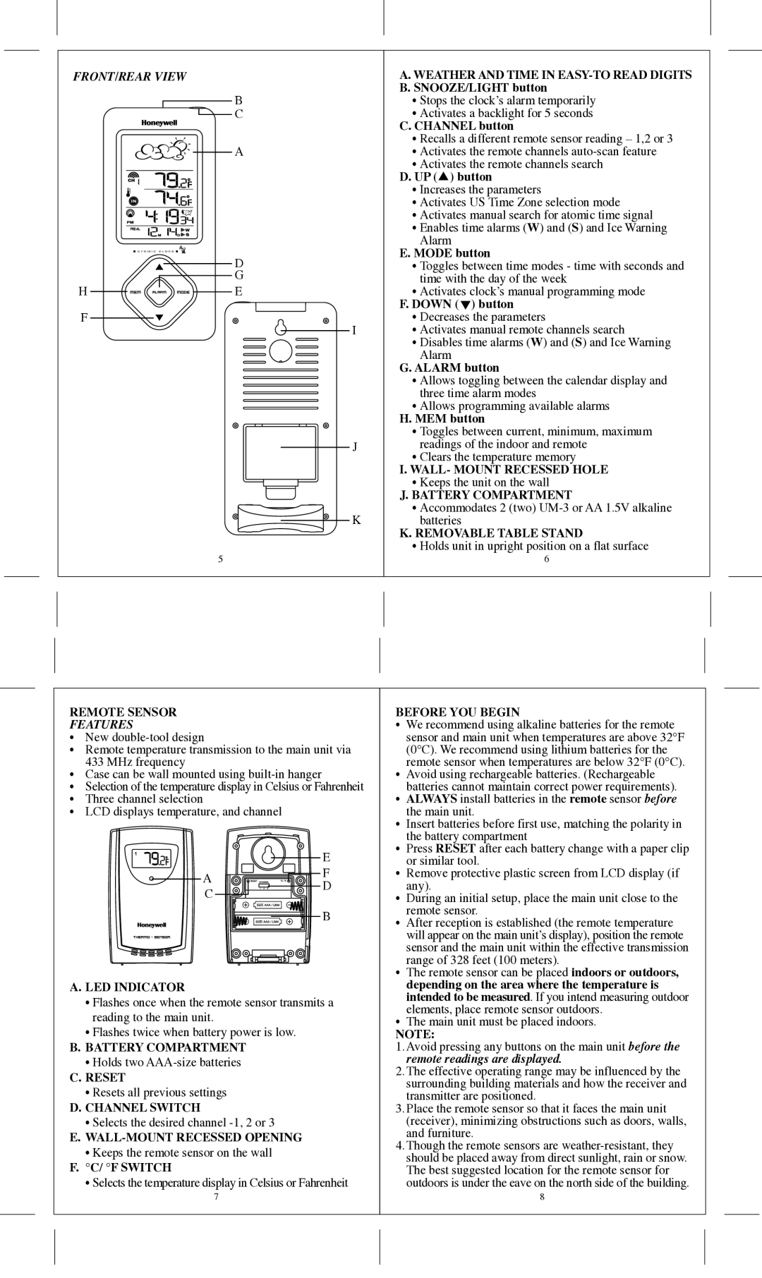 Honeywell TE322ELW user manual FRONT/REAR View 