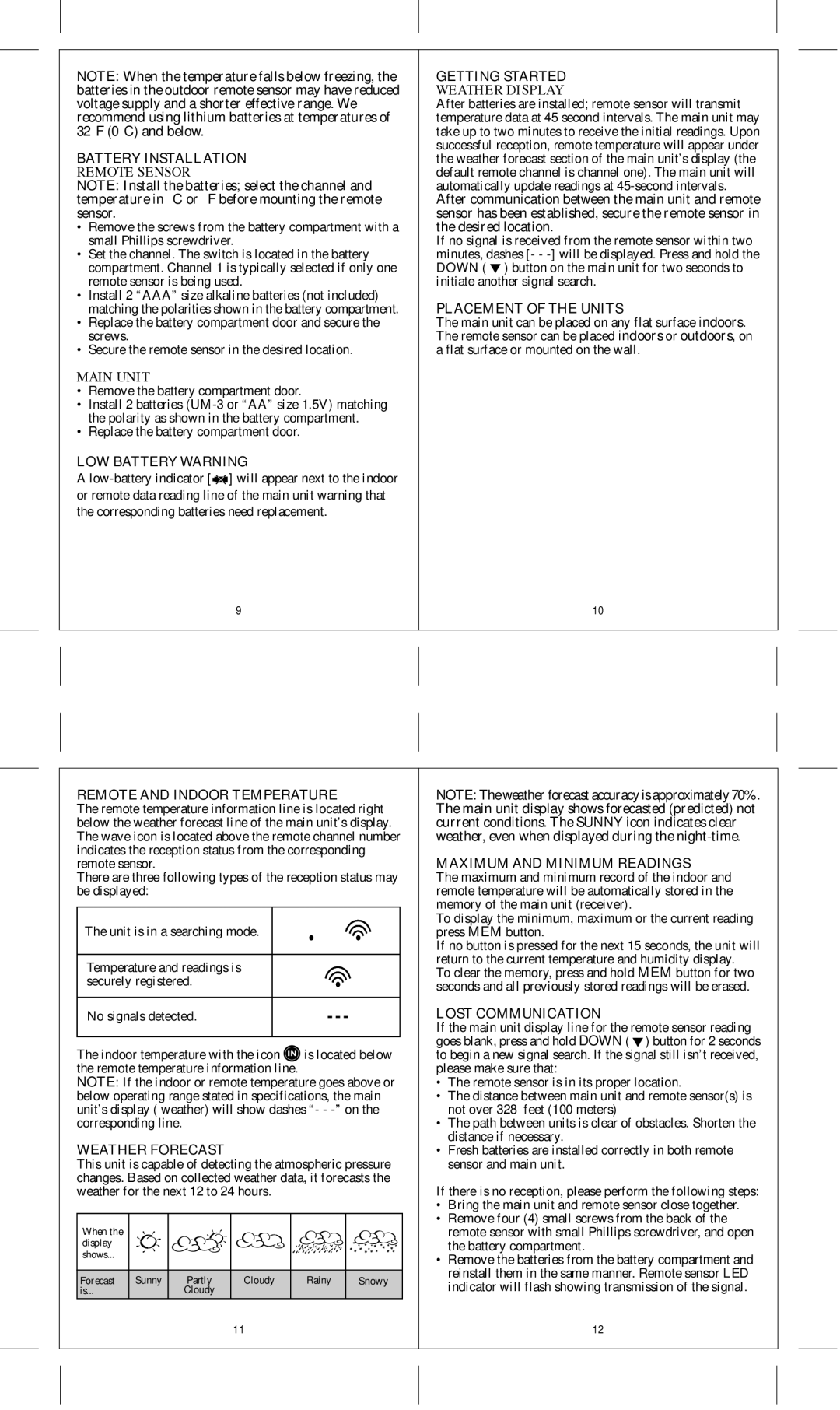 Honeywell TE322ELW user manual Battery Installation Remote Sensor, Main Unit, Weather Display 