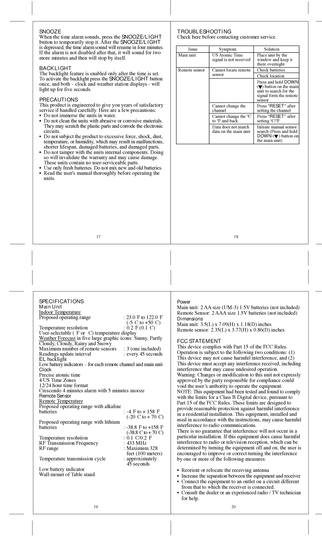 Honeywell TE322ELW user manual Power, Main Unit, Dimensions, Clock, Remote Sensor 