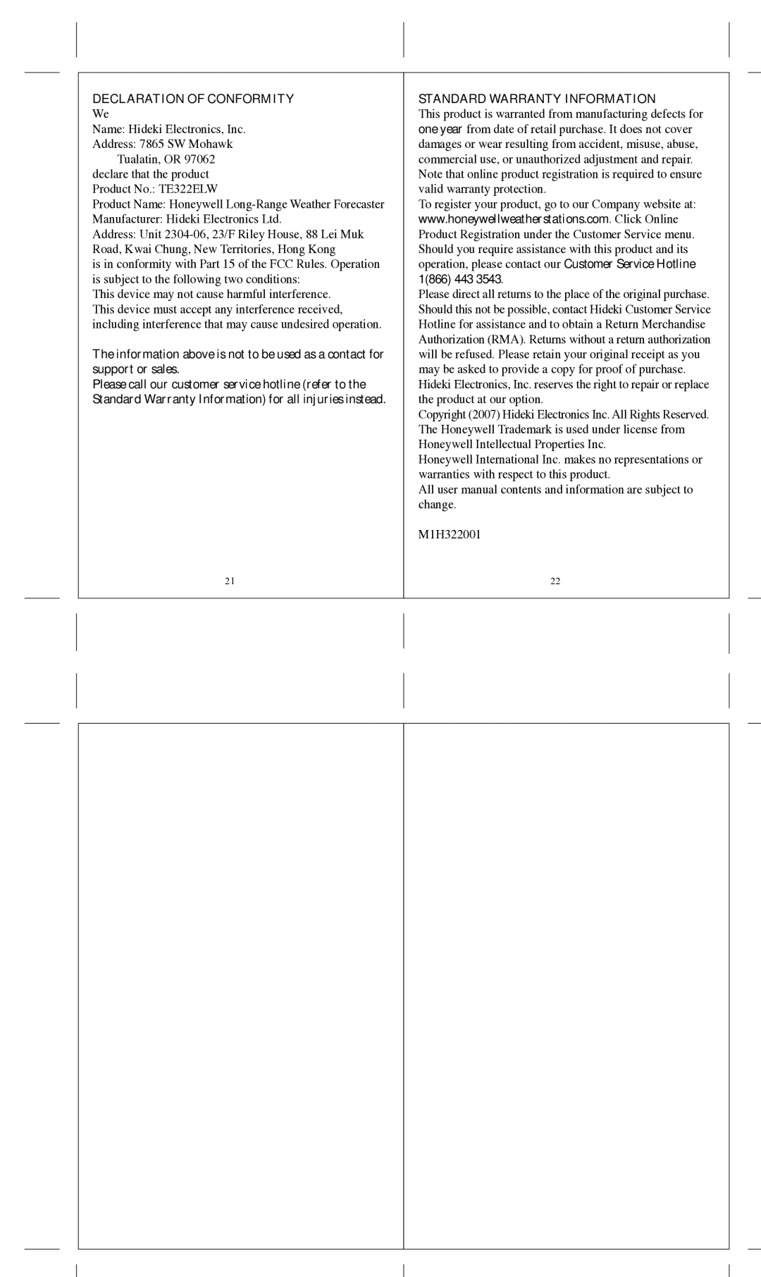 Honeywell TE322ELW user manual Declaration of Conformity Standard Warranty Information, 1866 443 