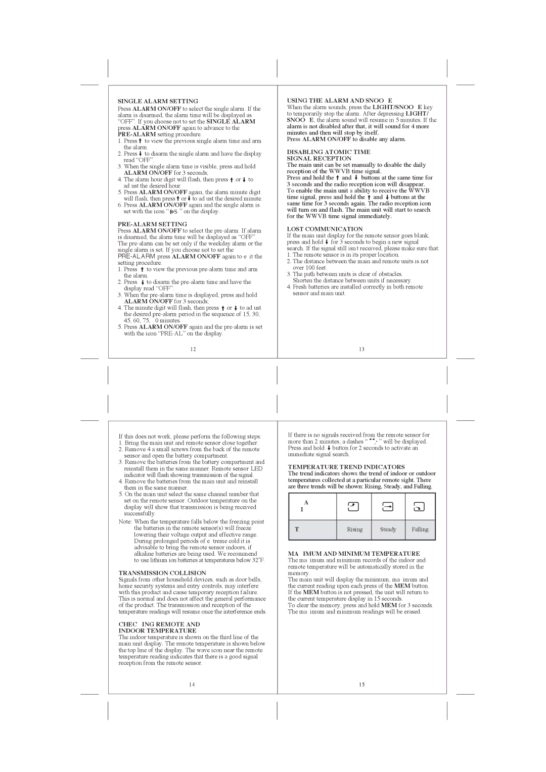 Honeywell TE328ELW Single Alarm Setting, PRE-ALARM Setting, Using the Alarm and Snooze, Lost Communication 