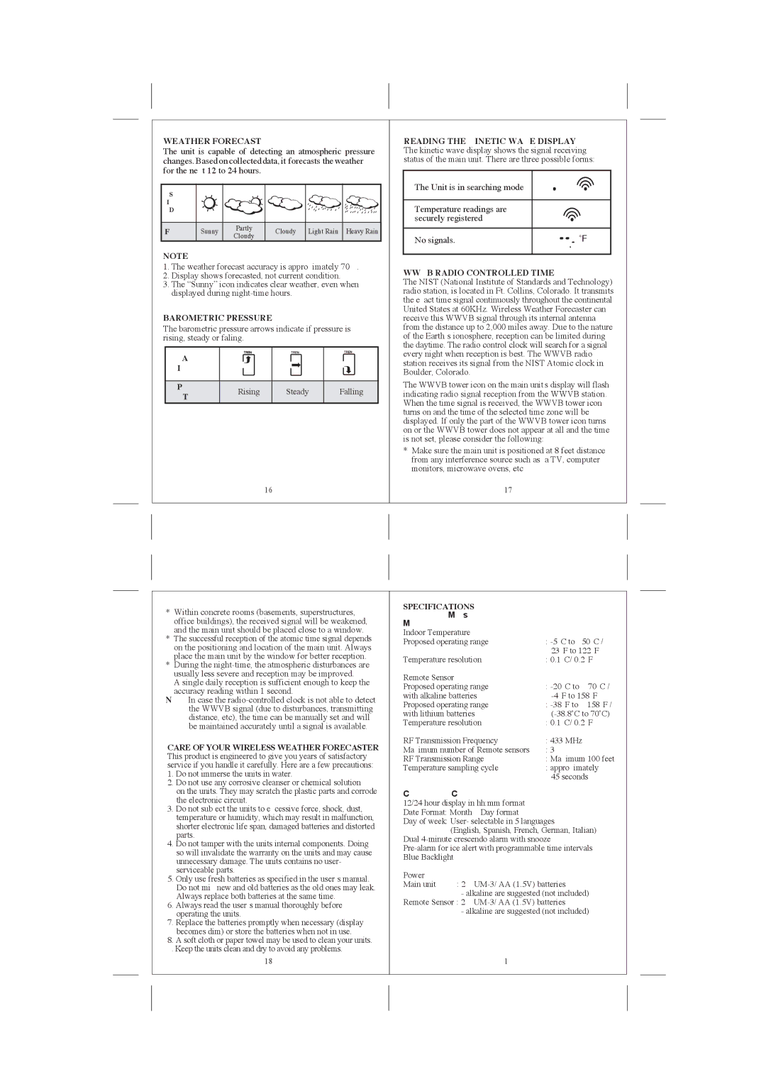 Honeywell TE328ELW Weather Forecast, Barometric Pressure, Reading the Kinetic Wave Display, Wwvb Radio Controlled Time 