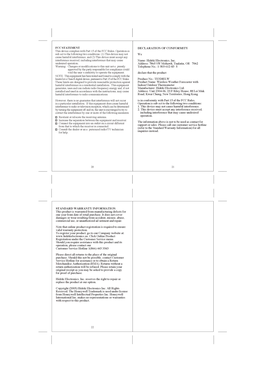 Honeywell TE328ELW technical specifications FCC Statement Declaration of Conformity, Standard Warranty Information 