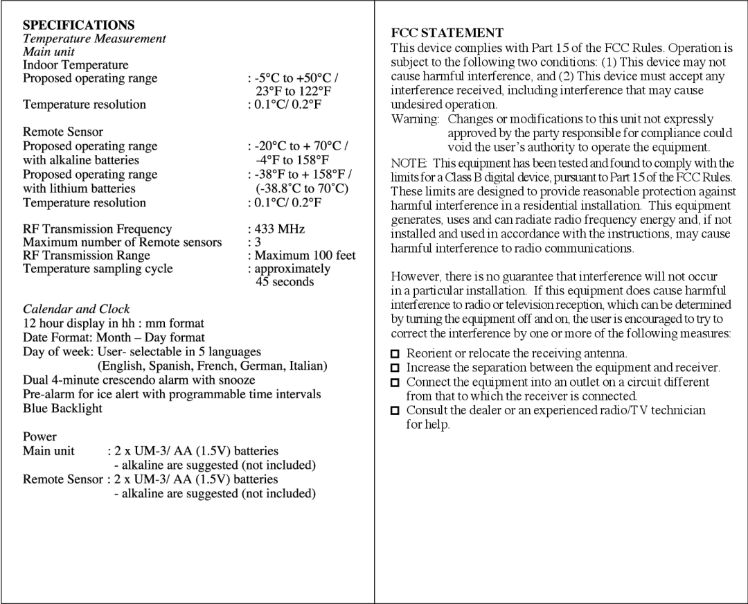 Honeywell TE329ELW technical specifications FCC Statement, Reorient or relocate the receiving antenna 