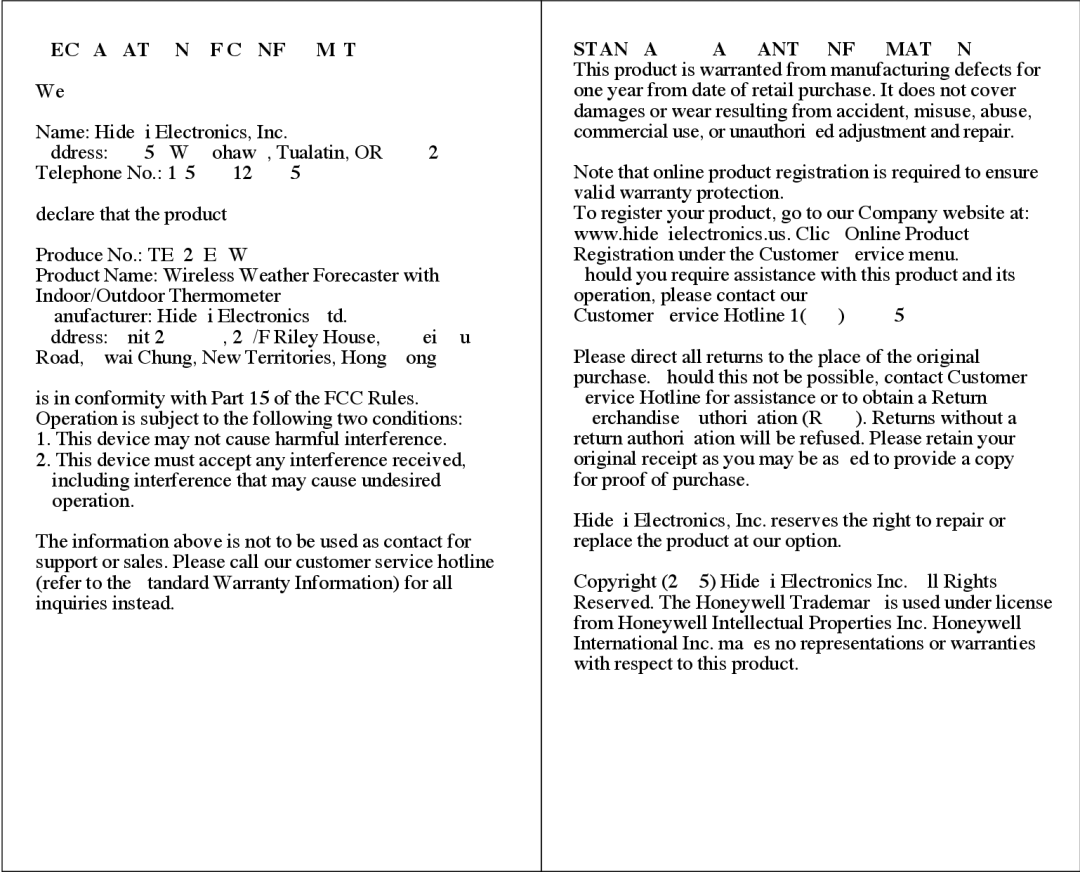 Honeywell TE329ELW technical specifications Declaration of Conformity, Standard Warranty Information 