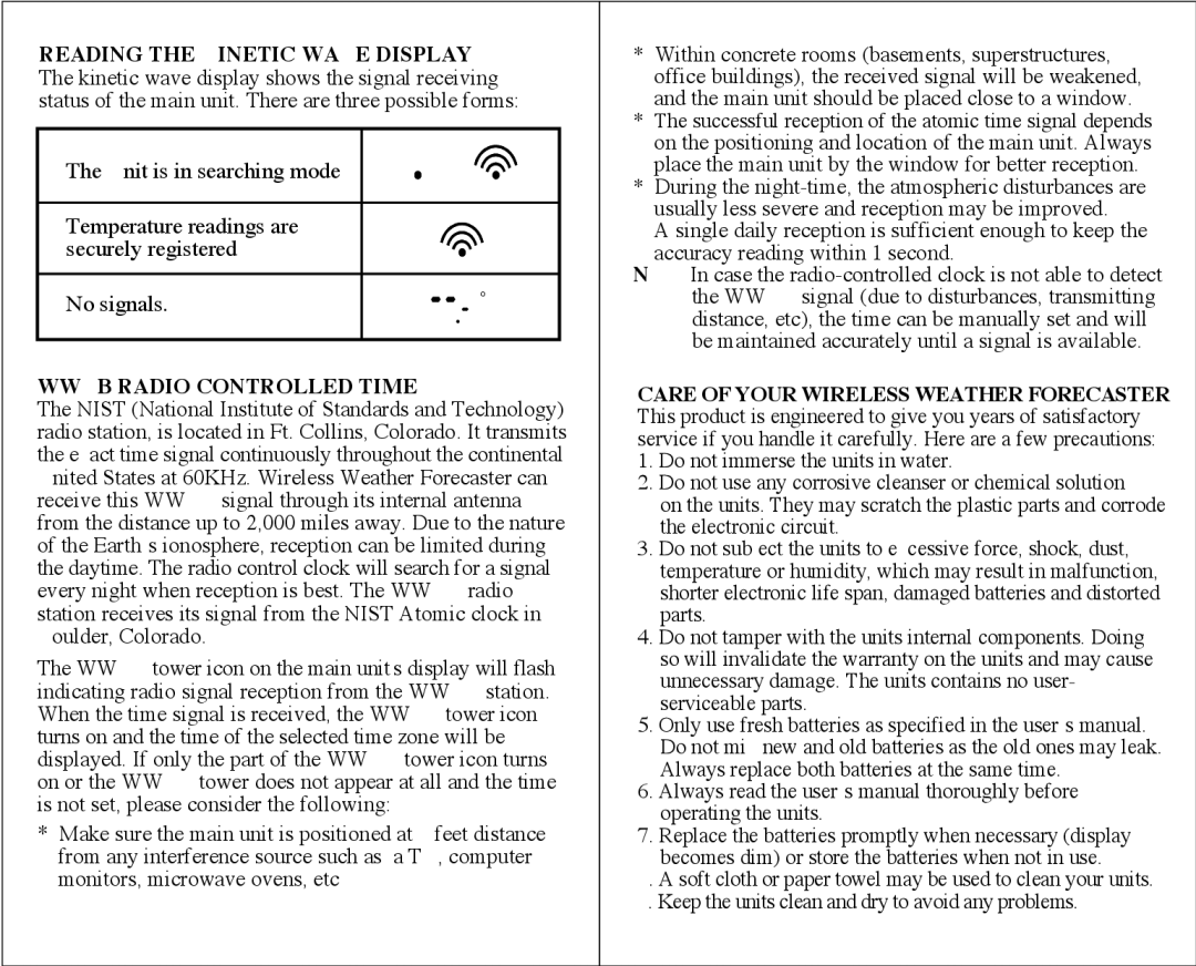 Honeywell TE329ELW technical specifications Wwvb Radio Controlled Time, Keep the units clean and dry to avoid any problems 