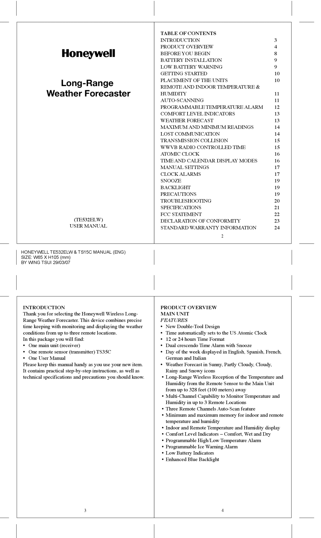 Honeywell TE532ELW user manual Table of Contents, Introduction Product Overview, Main Unit, Features 