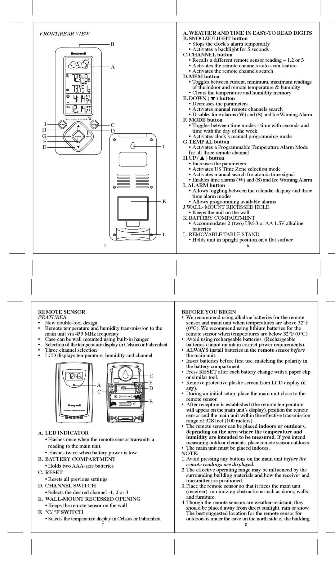 Honeywell TE532ELW user manual FRONT/REAR View 