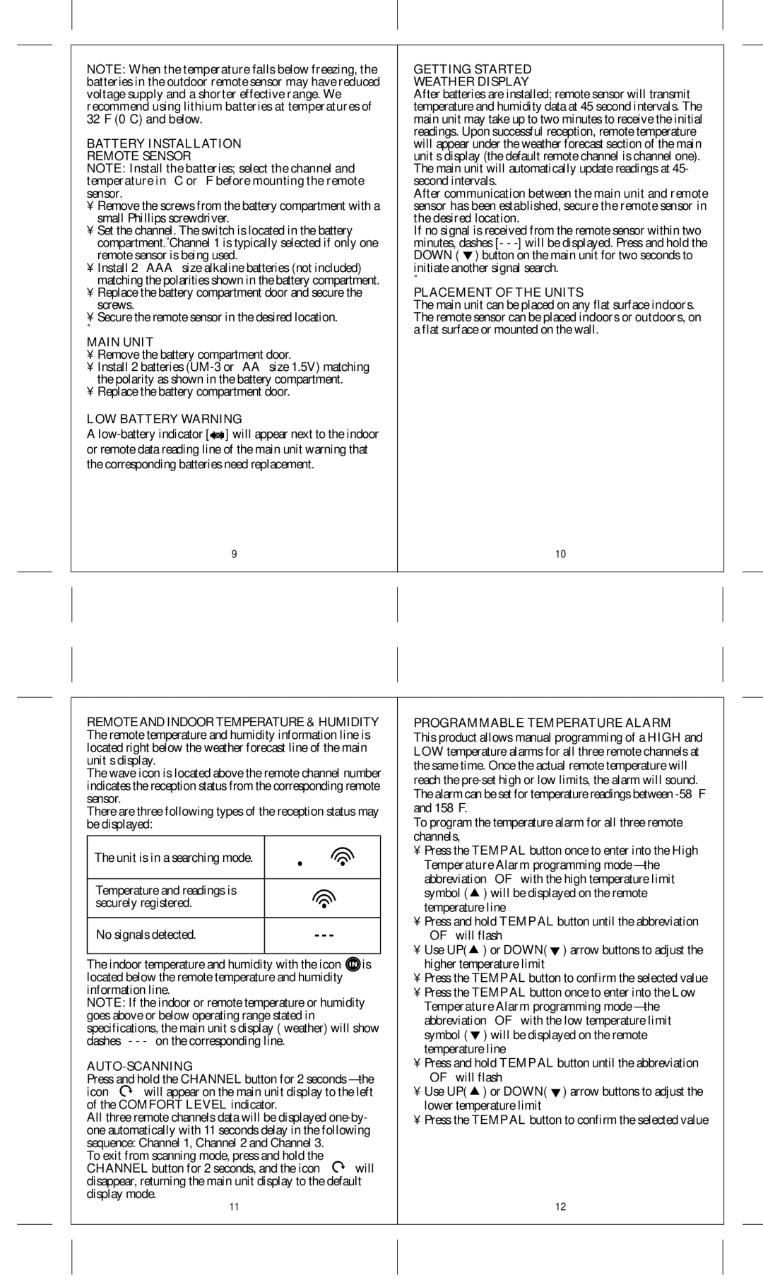 Honeywell TE532ELW user manual Battery Installation Remote Sensor, Main Unit, Weather Display 