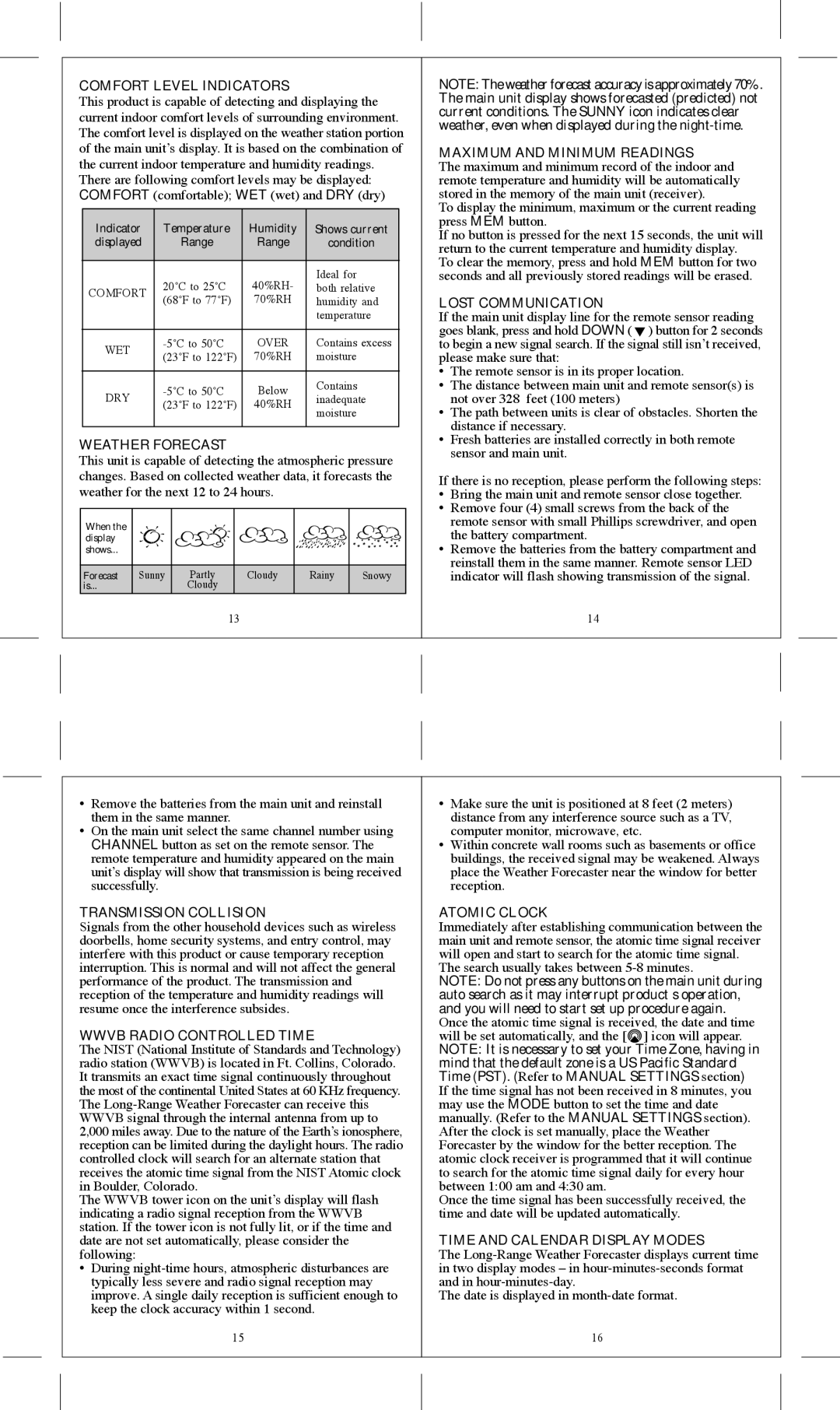 Honeywell TE532ELW user manual Comfort Level Indicators, Weather Forecast, Maximum and Minimum Readings, Lost Communication 