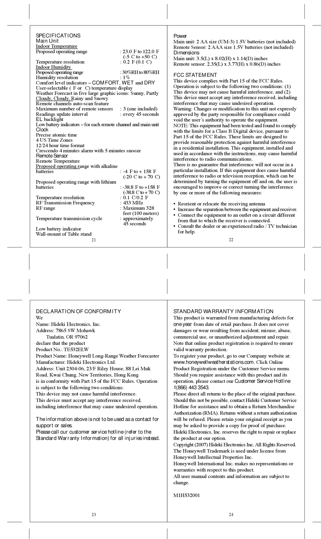 Honeywell TE532ELW user manual Specifications, FCC Statement, Declaration of Conformity Standard Warranty Information 