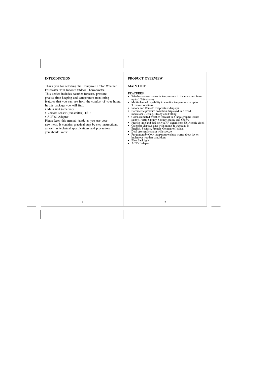 Honeywell TE601CELW user manual Introduction, Product Overview Main Unit Features 