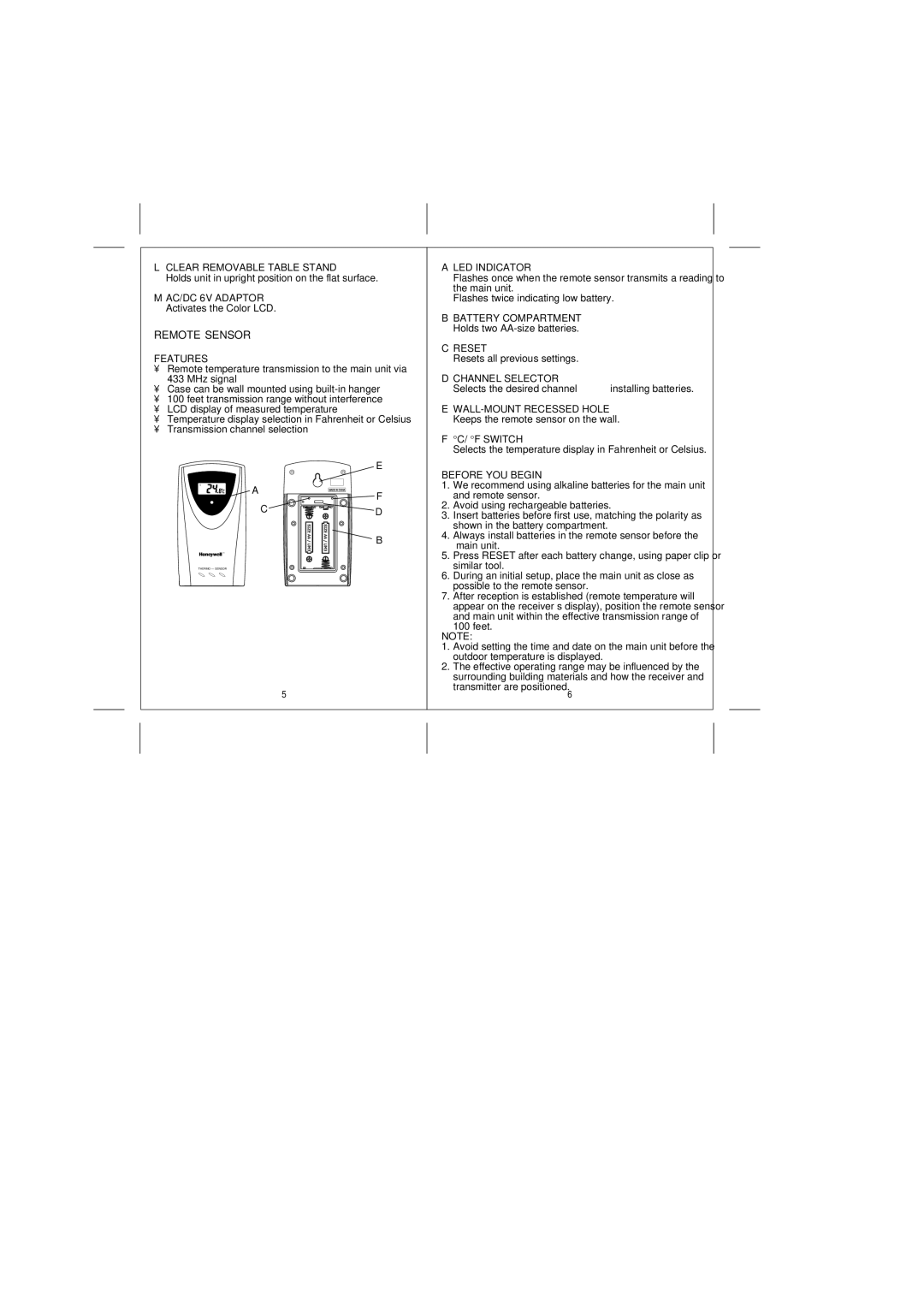 Honeywell TE601CELW user manual Remote Sensor Features, LED Indicator, Reset, F Switch, Before YOU Begin 