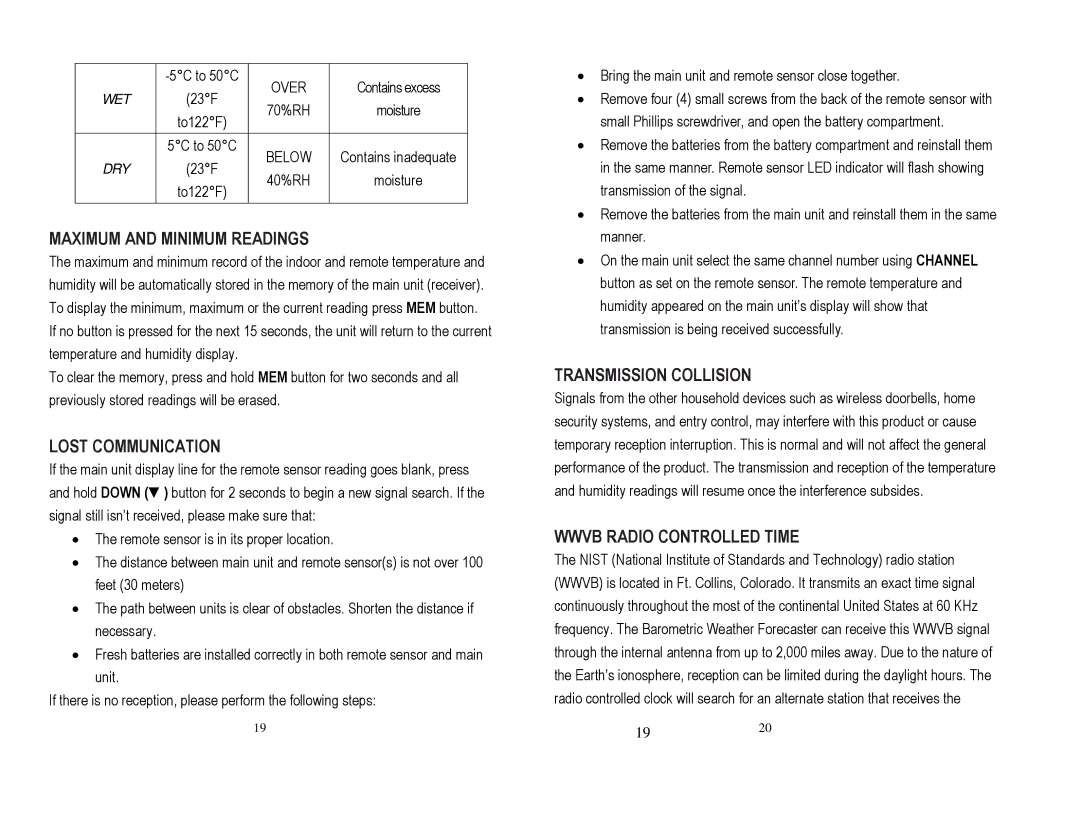 Honeywell TE653ELW Maximum and Minimum Readings, Lost Communication, Transmission Collision, Wwvb Radio Controlled Time 