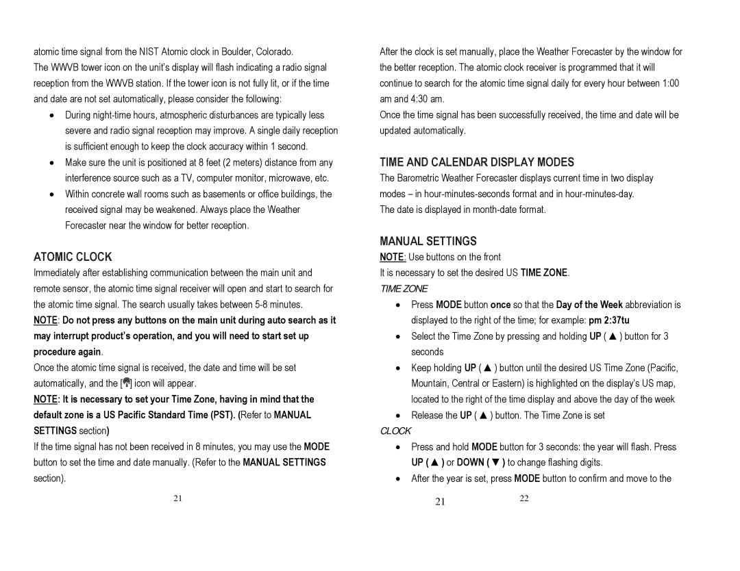 Honeywell TE653ELW user manual Atomic Clock, Time and Calendar Display Modes, Manual Settings, Time Zone 