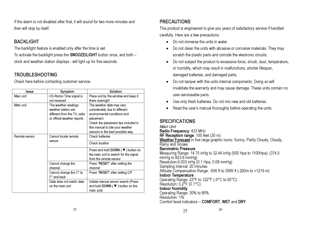 Honeywell TE653ELW user manual Backlight, Troubleshooting, Precautions, Specifications 