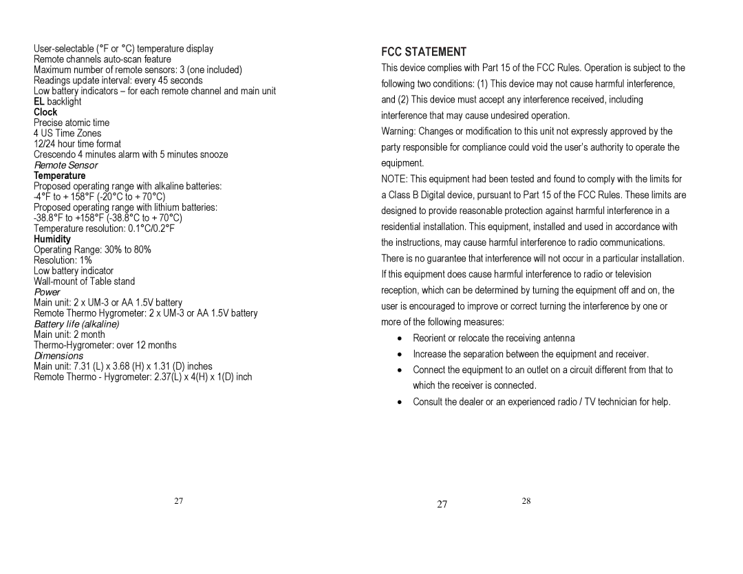 Honeywell TE653ELW user manual FCC Statement, Clock 